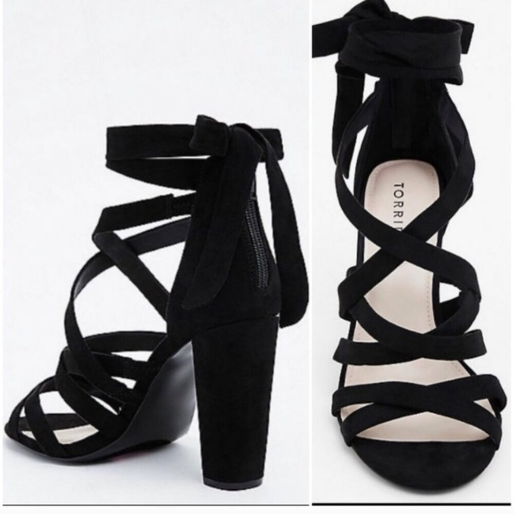 Torrid Black Ankle Wrap Strappy Chunky Heel Sandals Back Zip Size 9 W (Wide)
